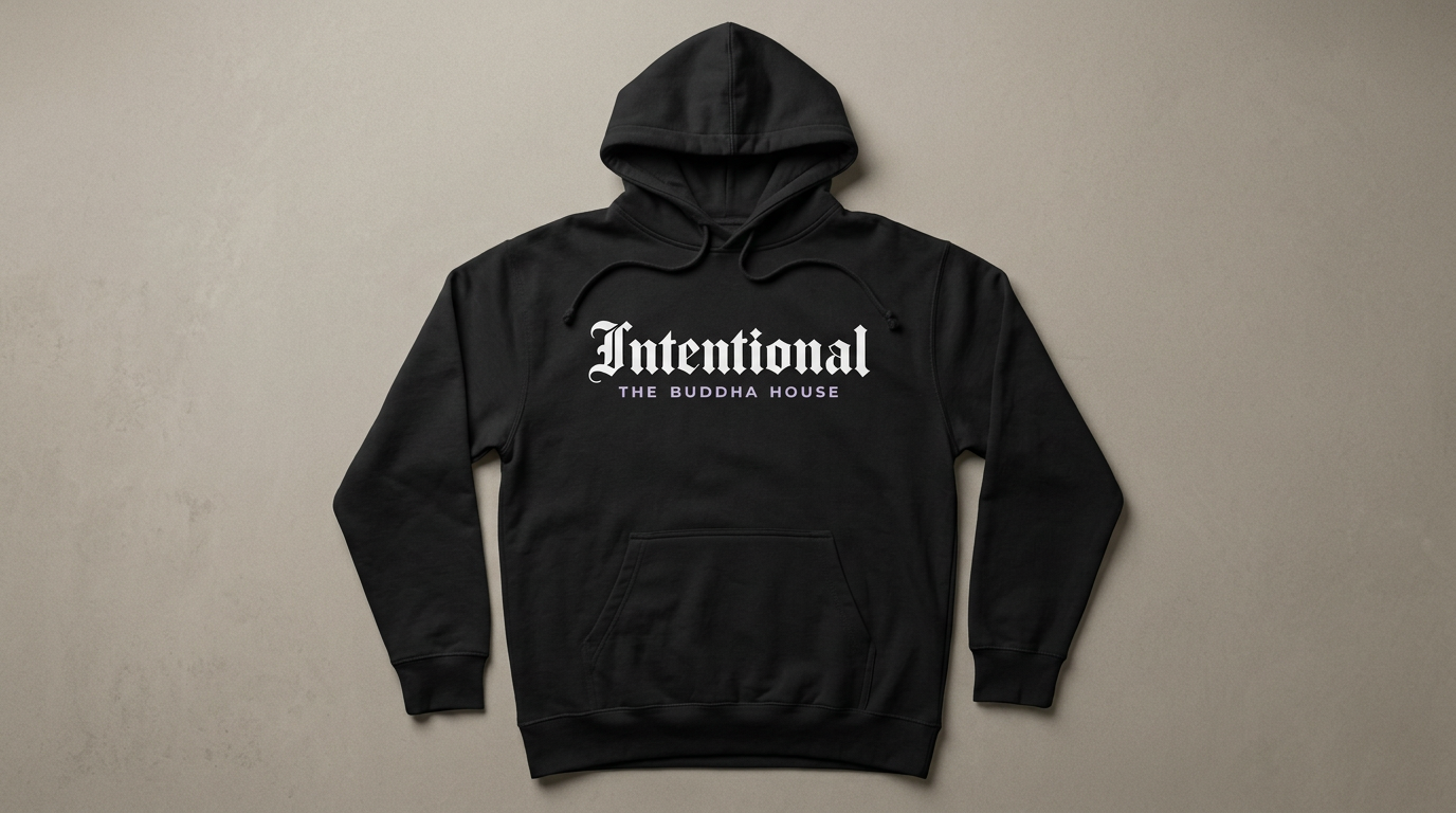 Black hoodie with "Intentional" in white Old English lettering and "The Buddha House" in lavender beneath