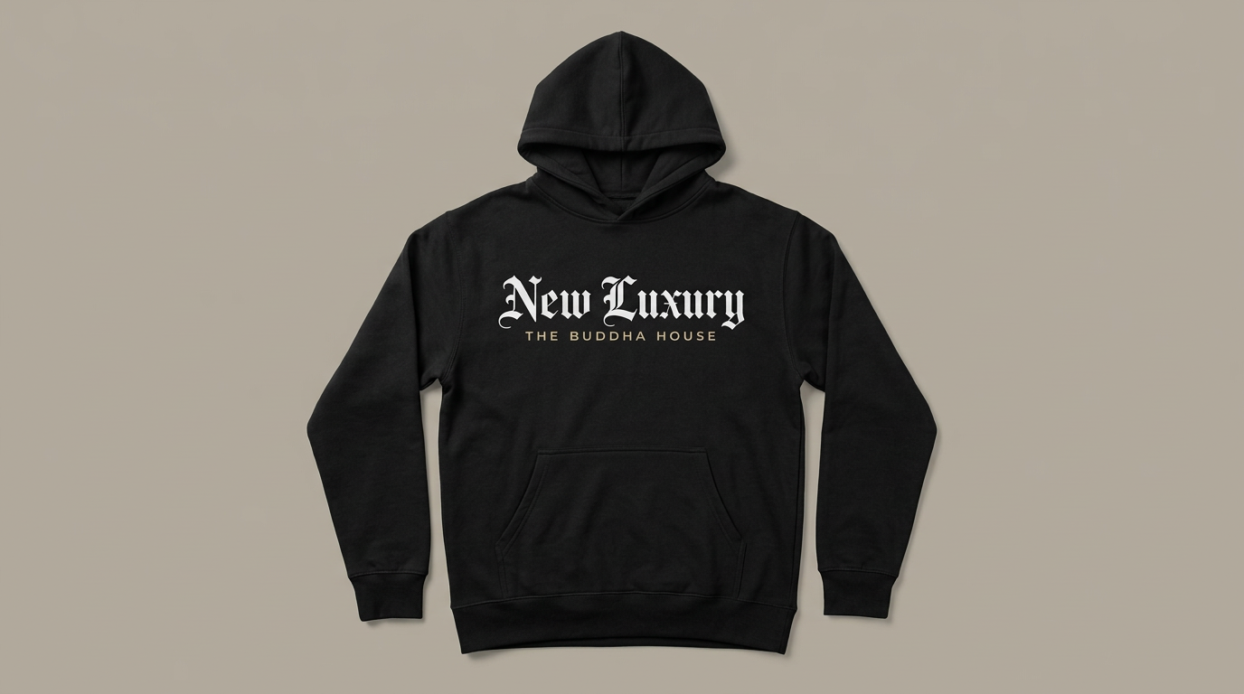 Black hoodie with "New Luxury" in white Old English lettering and "The Buddha House" in powder sand beneath