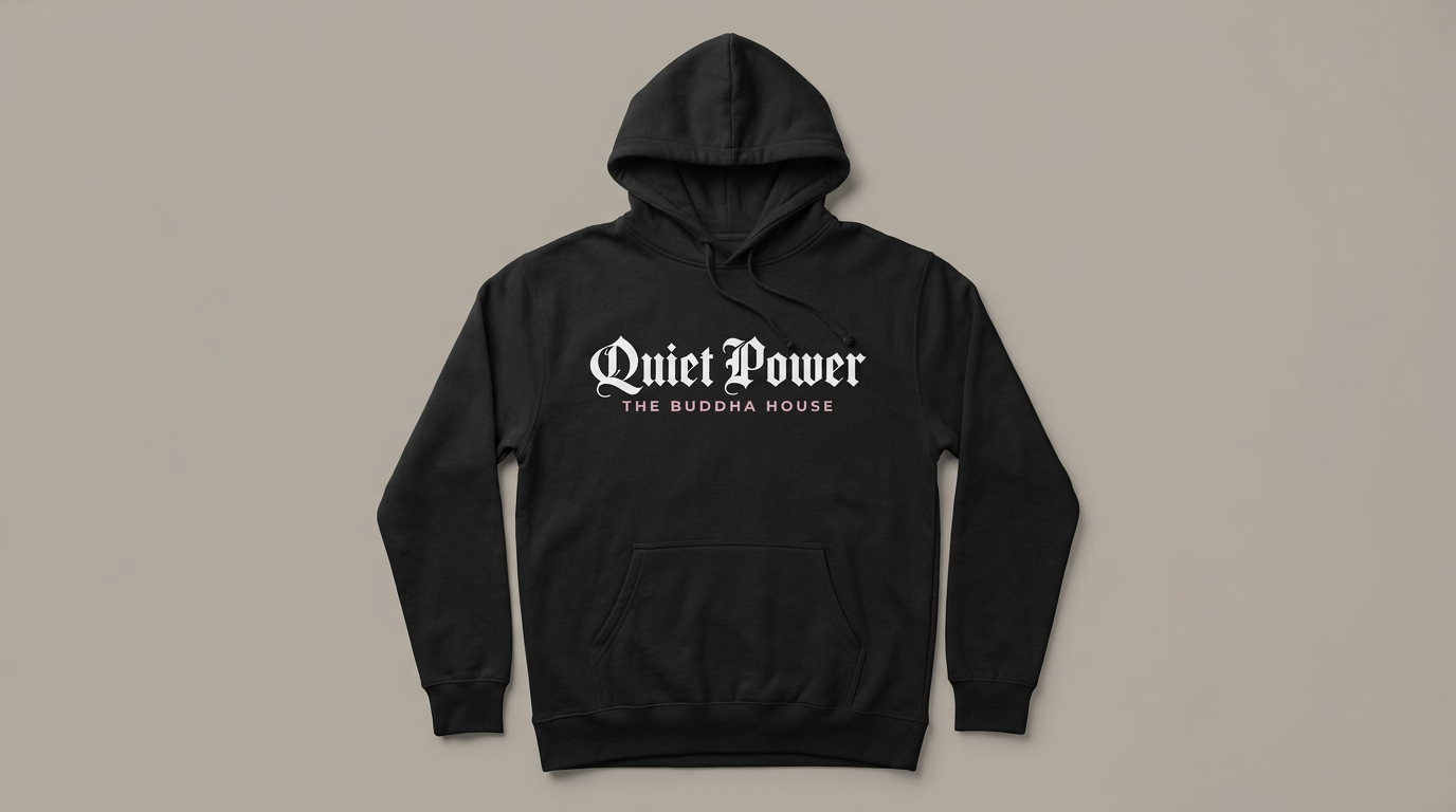 Black hoodie with "Quiet Power" in white Old English lettering and "The Buddha House" in powder pink beneath